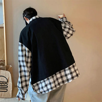 Streetwear New Fake Two Piece Zip Plaid Cargo Shirts Mens Japanese Streetwear Fas 2024 New Fake Two Piece Zip Plaid Cargo Shirts Mens Japanese Streetwear Fashion Social Shirt Autumn Long Sleeve Baggy Y2K Shirt Fashion Sweater Jacket With Graphic Design For Men