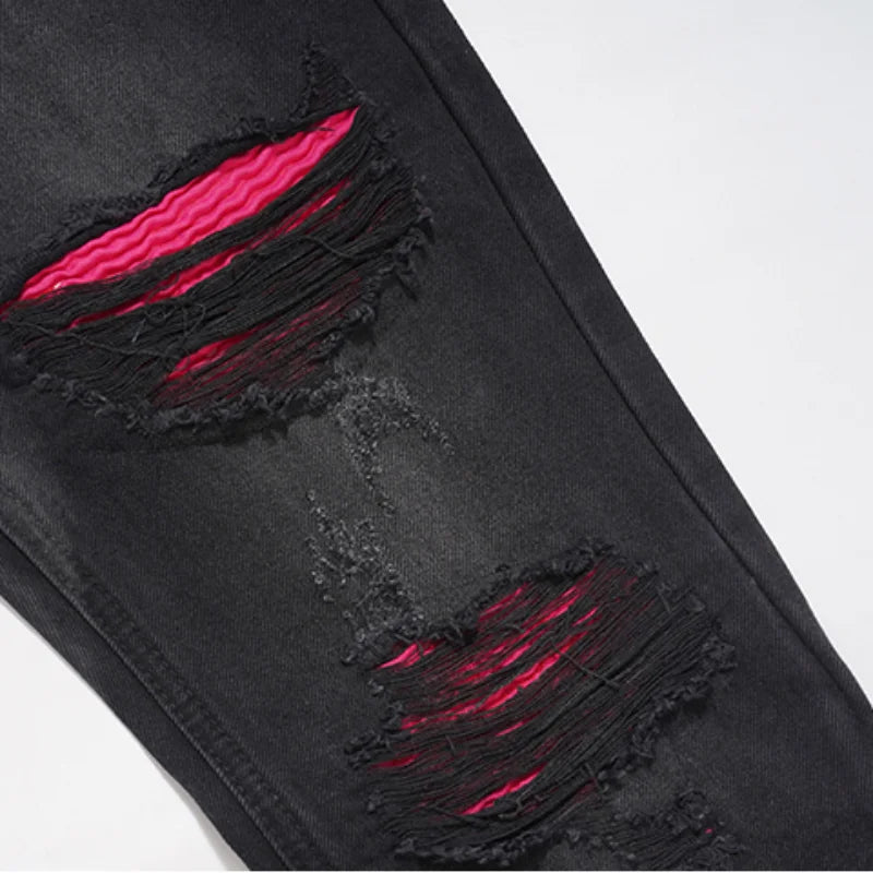 knee ripped patchwork jeans for men hip hop skinny biker taped jean trouser slim fit black denim pants fashion streetwear jogger unique joggers style 1999
