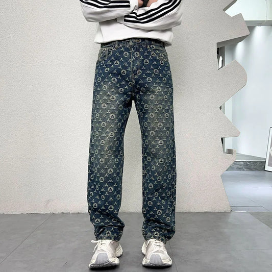 men jacquard streetwear hip hop vibe casual straight denim jeans pants boyfriend high street ripped jeans trousers vintage washed jeans