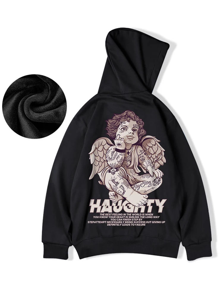 Autumn Haughty Angel Graphic Fleece Hoodies For Men Oversized Retro Loose Hoody Sweatshirts American Streetwear Y2K Clothes Street King Limited
