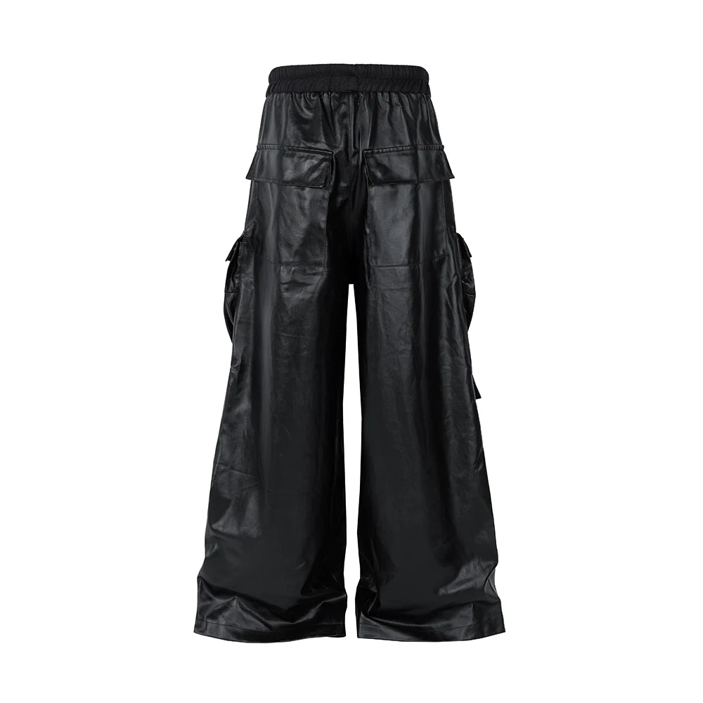 ro style matte pu leather pants for men high street y2k pantalones hombre baggy overall wide leg drawstring cargo pants unique cargo style 5463
