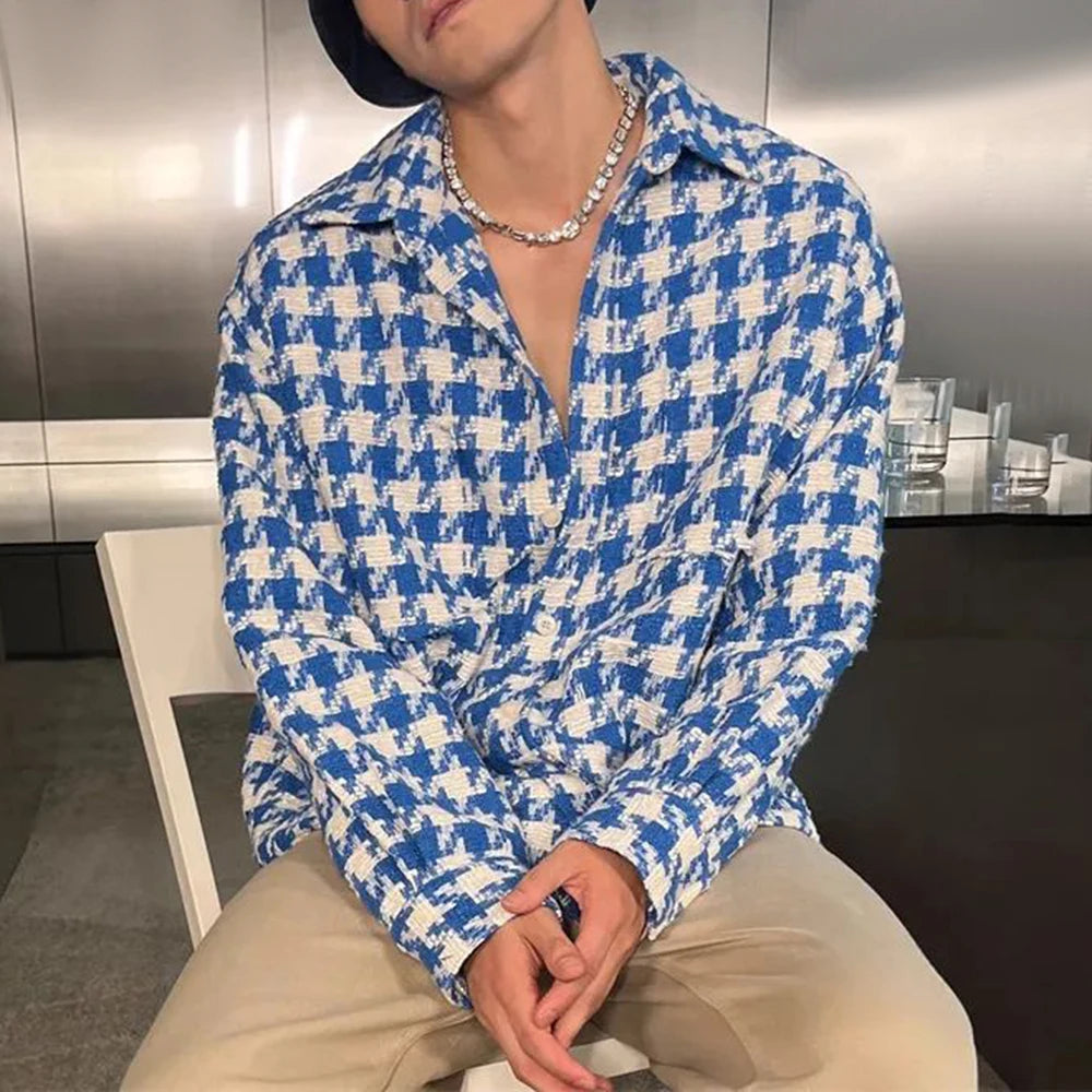 2024 Spring New Simple Versatile Fashionable Blue Houndstooth Woolen Shirt Style Genderless Casual Unisex Long-Sleeved Shirt Street King Limited
