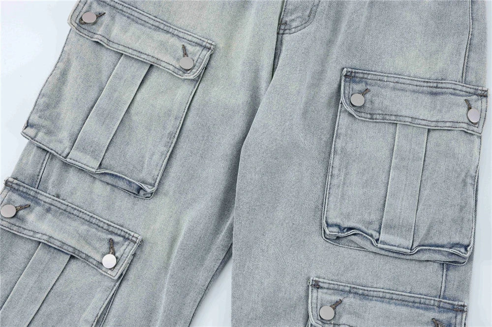 2024 multi pocket jeans vintage mens harajuku cargo denim pants retro hip hop straight loose jean pants unique cargo style 1022