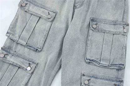 2024 multi pocket jeans vintage mens harajuku cargo denim pants retro hip hop straight loose jean pants unique cargo style 1022