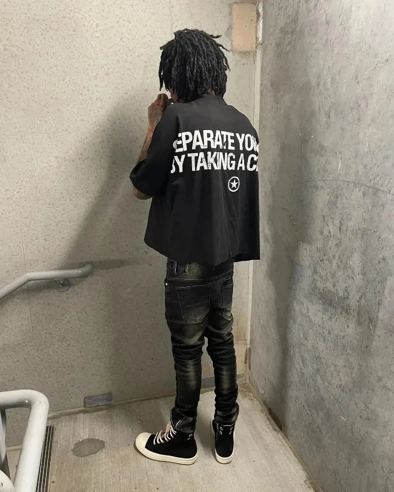 American Gothic trend pattern letter printing oversized short-sleeved T-shirt men's Y2k retro loose casual versatile top Street King Limited