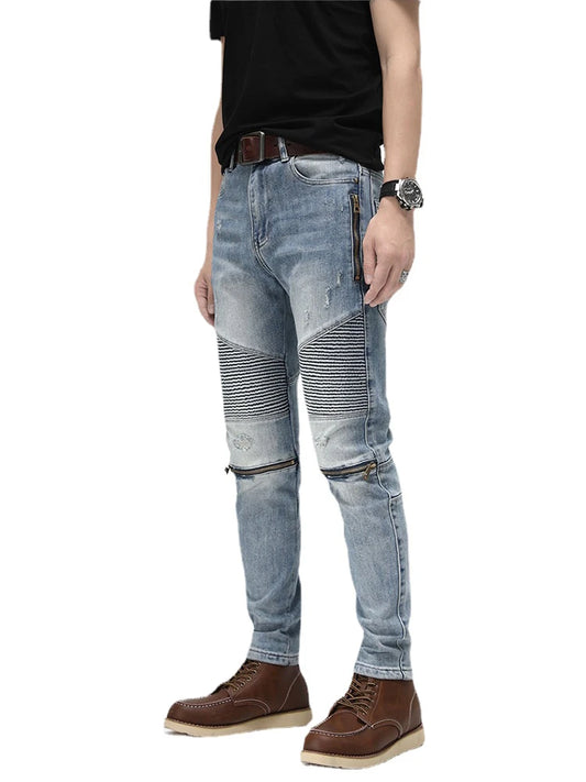 knee zipper patchwork pleated skinny denim jeans men casual slim biker trousers jeans fashion streetwear hip hop pants joggers streetwear sweatpants