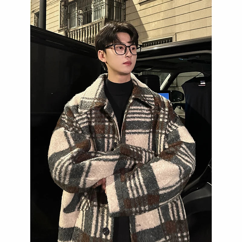 autumn winter campus boy plaid woolen coat men streetwear fashion loose casual retro thick jacket man bomber coat outerwear unique default style 954