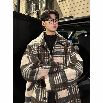 autumn winter campus boy plaid woolen coat men streetwear fashion loose casual retro thick jacket man bomber coat outerwear unique default style 954