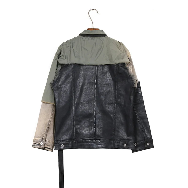 new 2023 gentleman men rick patchworked waxed deconstructed denim heavy baseball coats jackets abstract digital coat warm 719 stacked flare jeans