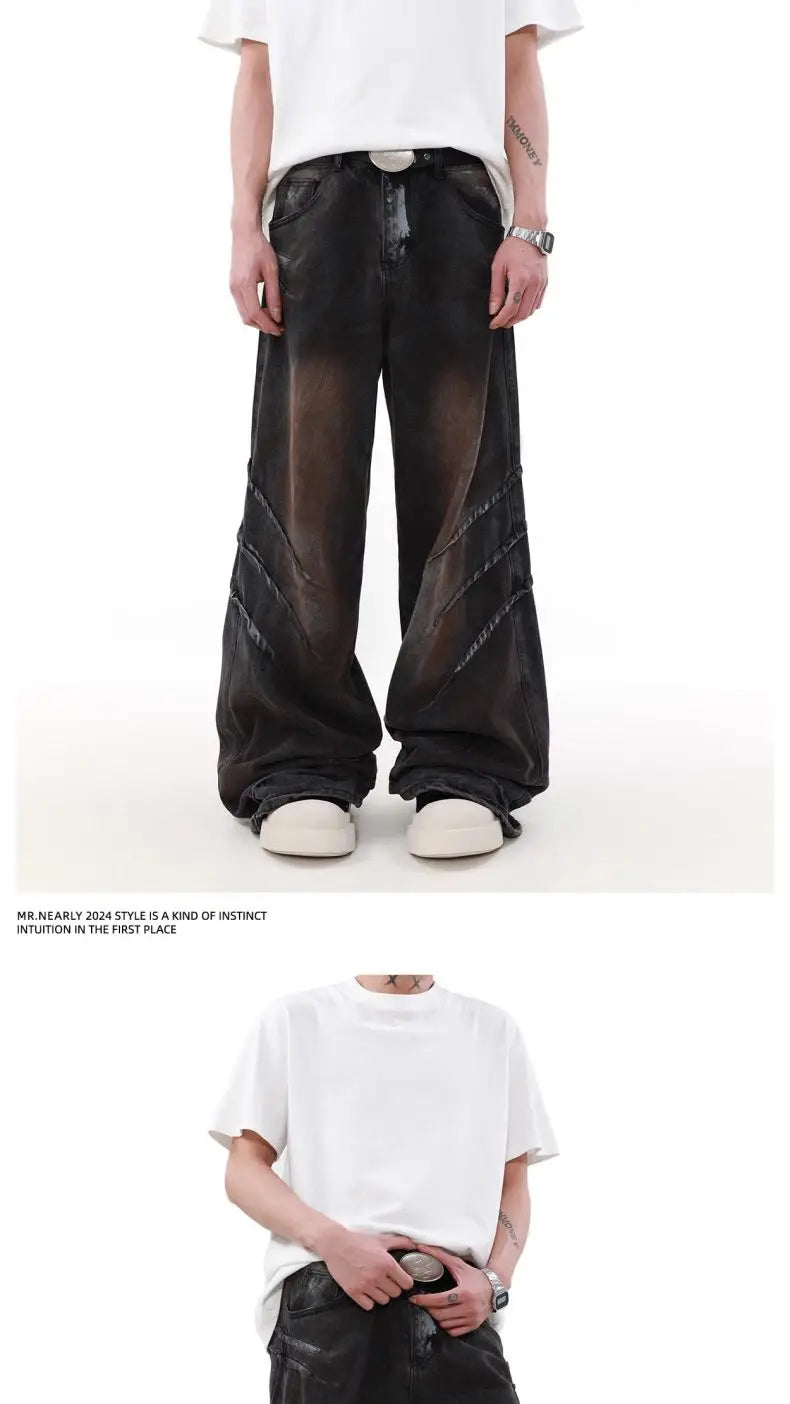 american high street scratch design men and women trendy retro straight leg jeans couple street loose wide leg casual pants y2k unique jeans style 4424