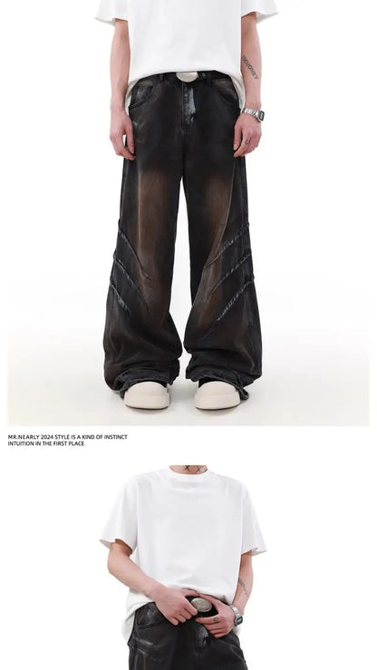american high street scratch design men and women trendy retro straight leg jeans couple street loose wide leg casual pants y2k unique jeans style 4424