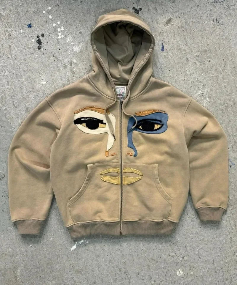 Fashionable Cartoon Embroidered Oversized Cardigan Jacket Women Y2k Harajuku Hip-hop Gothic Punk Casual Loose Zipper Hoodie Men Street King Limited