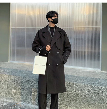 Men's Autumn Winter Mid Length Woolen Coat New Korean Tide Black Thickned Overcoat Long Sleeve Double-breasted Jackets Street King Limited