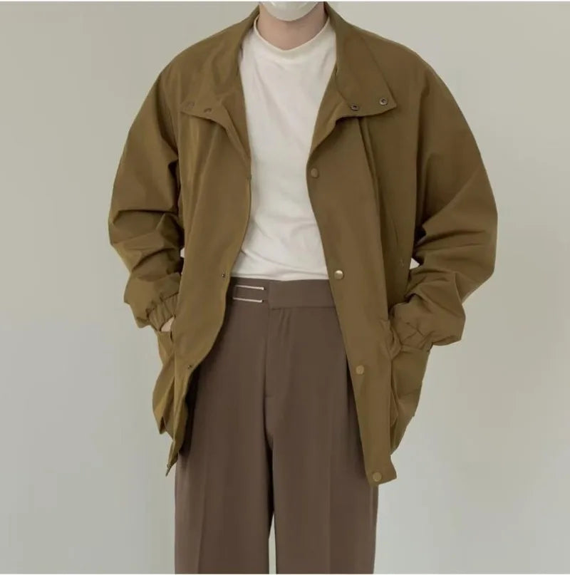 japanese spring jacket mens single breasted stand collar harajuku unisex coats solid big pocket drawstring casual men outwear unique default style 1873