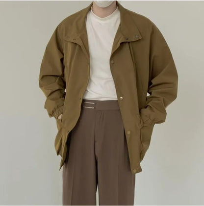 japanese spring jacket mens single breasted stand collar harajuku unisex coats solid big pocket drawstring casual men outwear unique default style 1873