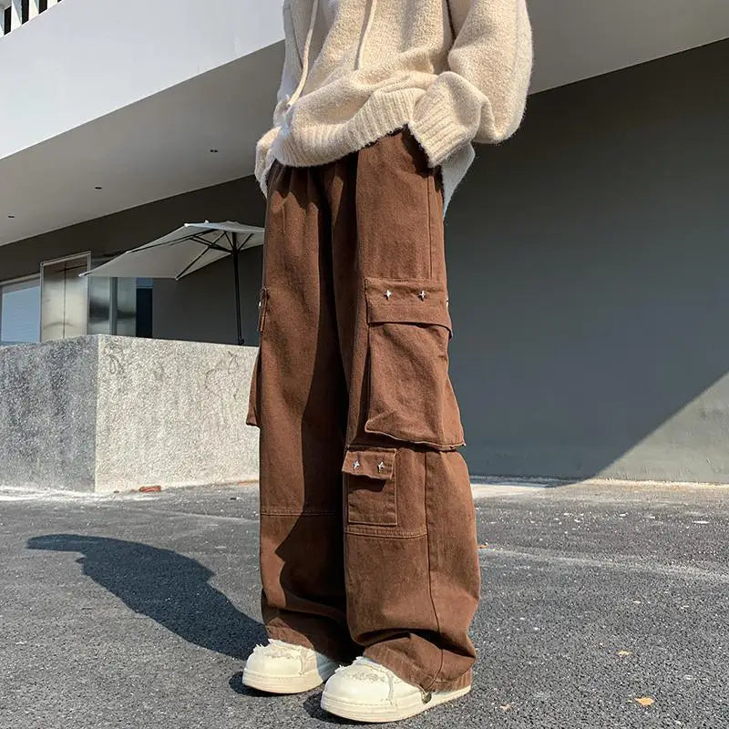 american hip hop large pocket workwear pants for men and women in autumn trend loose fitting straight leg casual wide leg pants unique default style 4780