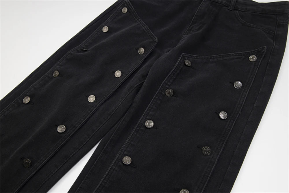 detachable button black washed baggy jeans for men straight harajuku ropa hombre loose denim trousers oversized cargo pants unique cargo style 4638