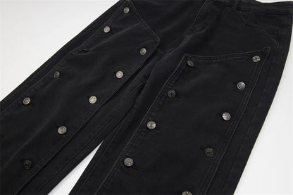 detachable button black washed baggy jeans for men straight harajuku ropa hombre loose denim trousers oversized cargo pants unique cargo style 4638