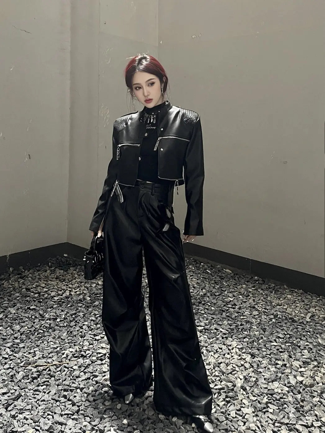 european and american heavy industry multi zipper design spider web shoulder pad leather jacket for women 2024 new jacket top unique default style 1569