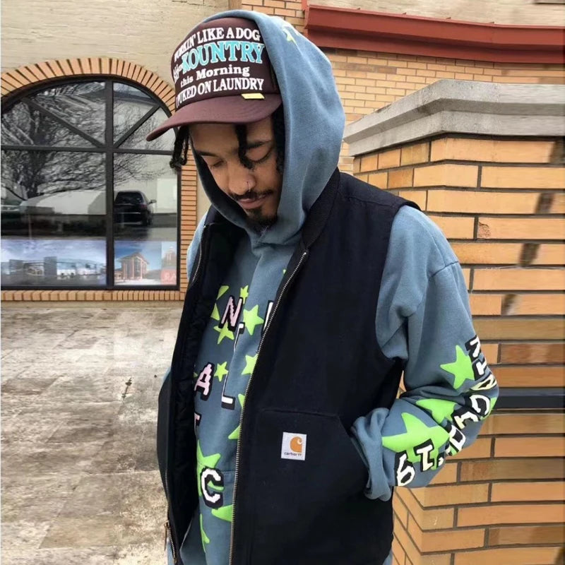 High Street Letter Foam Stars Print Men's and Women's Fleece Hoodie Retro Autumn and Winter Casual Pullover Hooded Sweatshirts Street King Limited