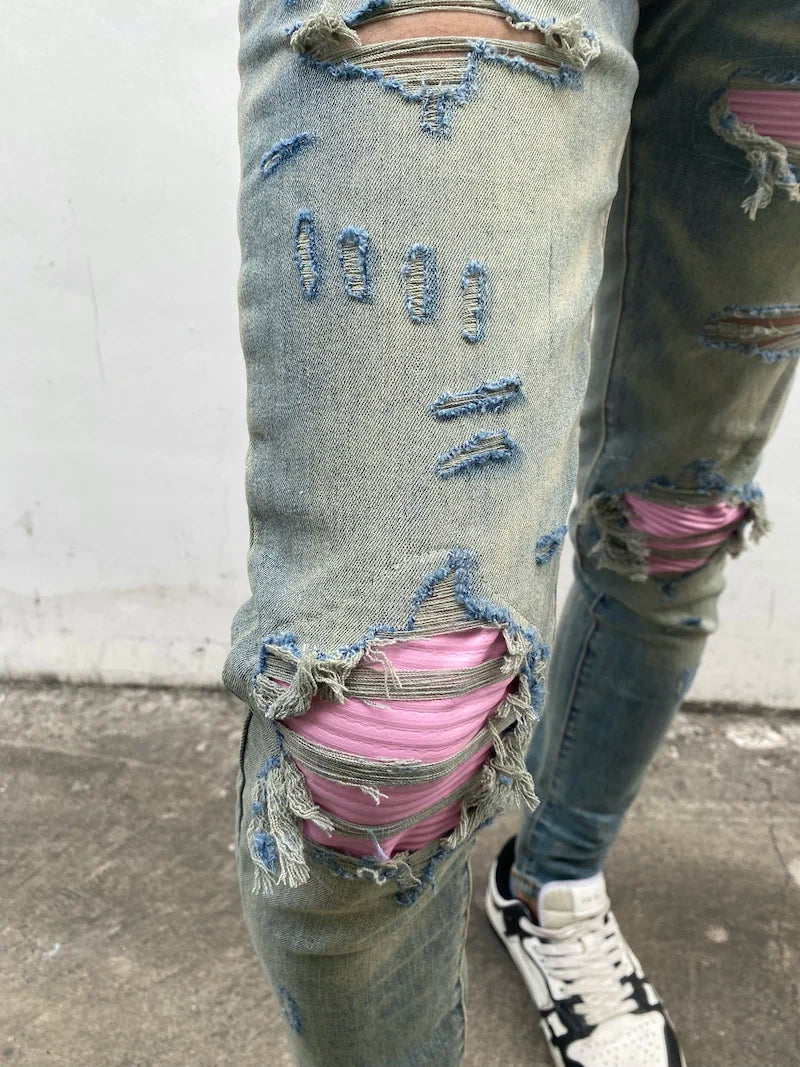 destroied ripped holes patckwork denim jean mens casual distressed washed biker jeans new fashion high street slim pants joggers unique joggers style 2360