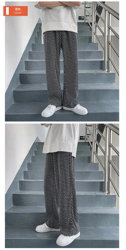 Summer Pleated Pants Men Fashion Casual Plaid Pants Men Streetwear Korean Loose Straight Ice Silk Pants Mens Plus Size Trousers Street King Limited
