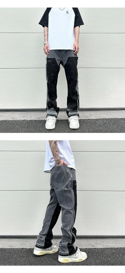 Harajuku Black Graffiti Flared Jeans Pants Patches Hip Hop Splashed Ink Wide Jeans Trousers Blue Slim Fit Washed Jeans for Men Street King Limited