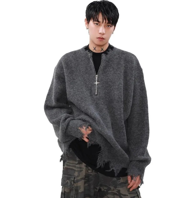 American High Street Mens Sweater 2024 New Autumn Half Zipper Fashion Knitted Tops Damaged Hip-hop Irregular Hem Pullover Street King Limited