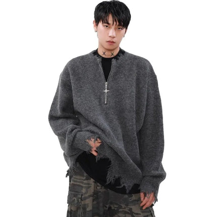 American High Street Mens Sweater 2024 New Autumn Half Zipper Fashion Knitted Tops Damaged Hip-hop Irregular Hem Pullover Street King Limited