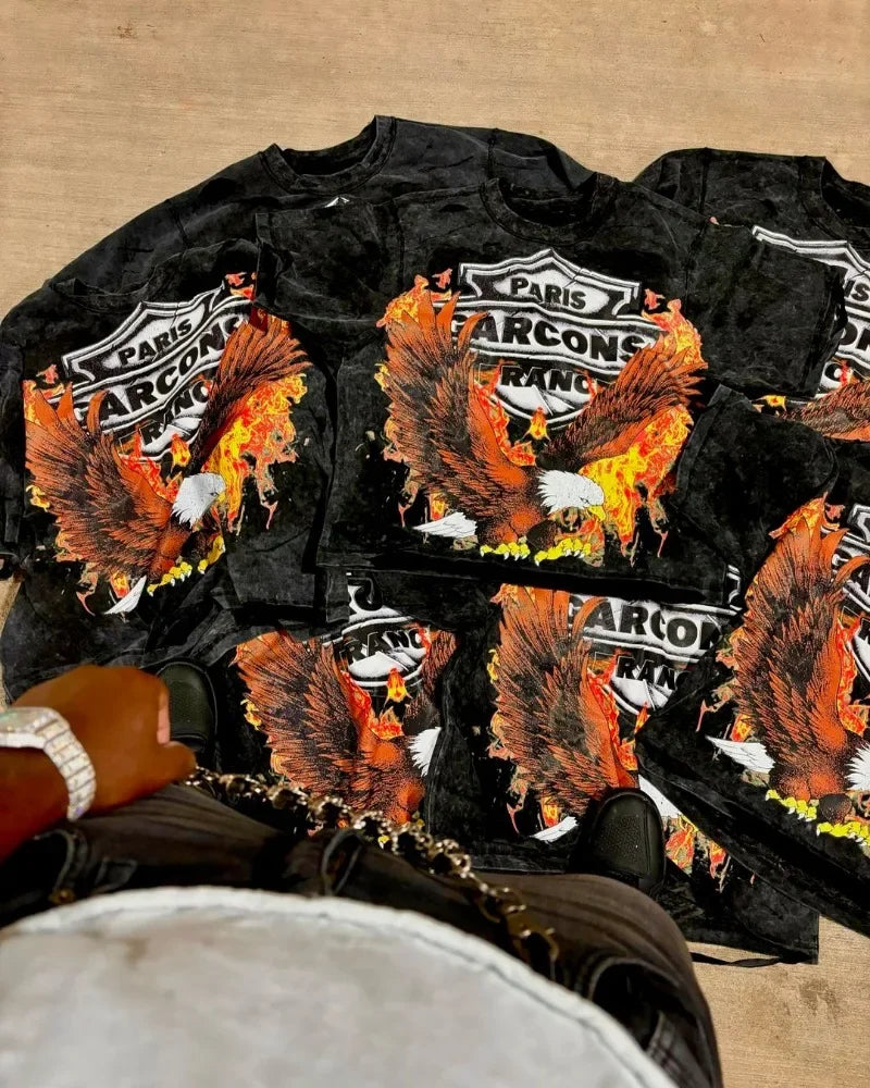 Y2k American High Street Fashion Brand Washed Short-sleeved Women Flame Eagle Print Oversized T-shirt Harajuku Hip-hop Tops Men Street King Limited