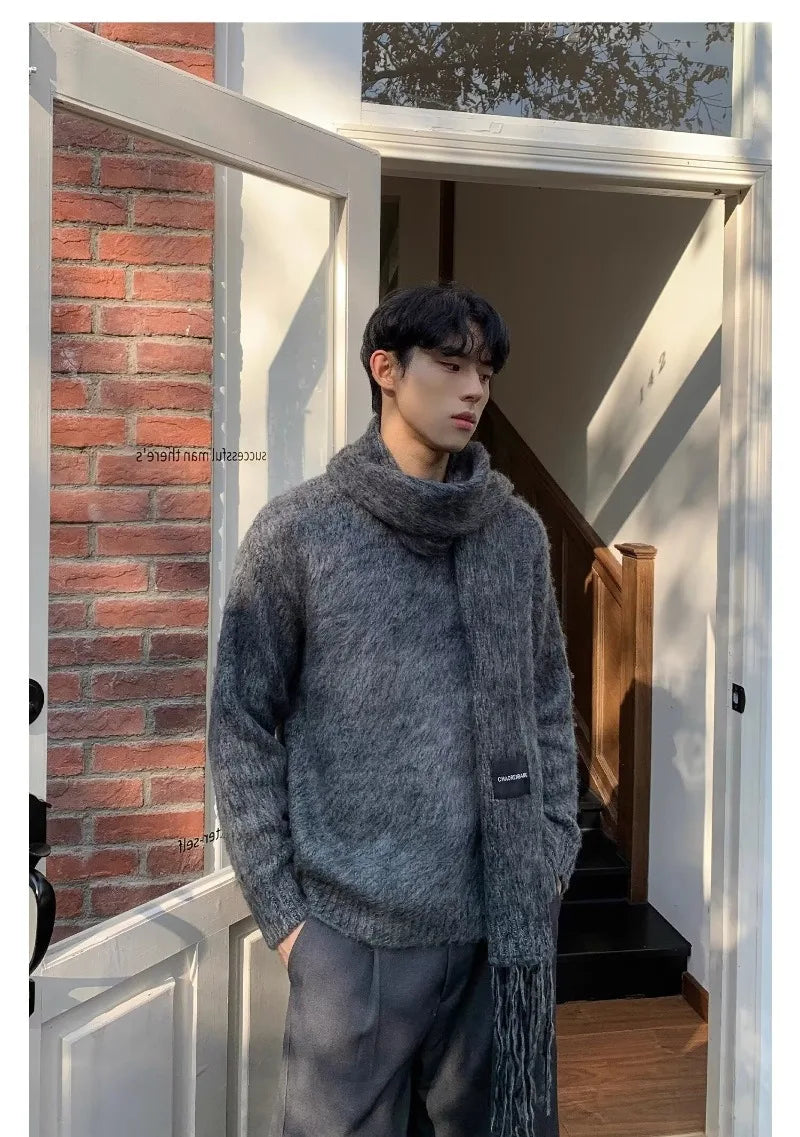 Autumn Warm Sweater Mens Korean Street Simplicity Round Neck Pullover+Solid Color Scarf Two-piece Set Casual Knitted Tops Trend Street King Limited