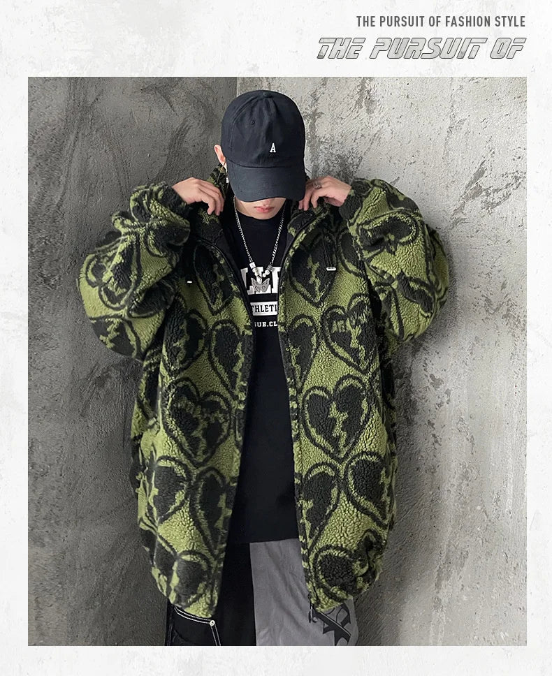 winter lambswool coat men casual streetwear grimace print parka hip hop grain fleece coat loose college warm outwear unisex new unique default style 4956