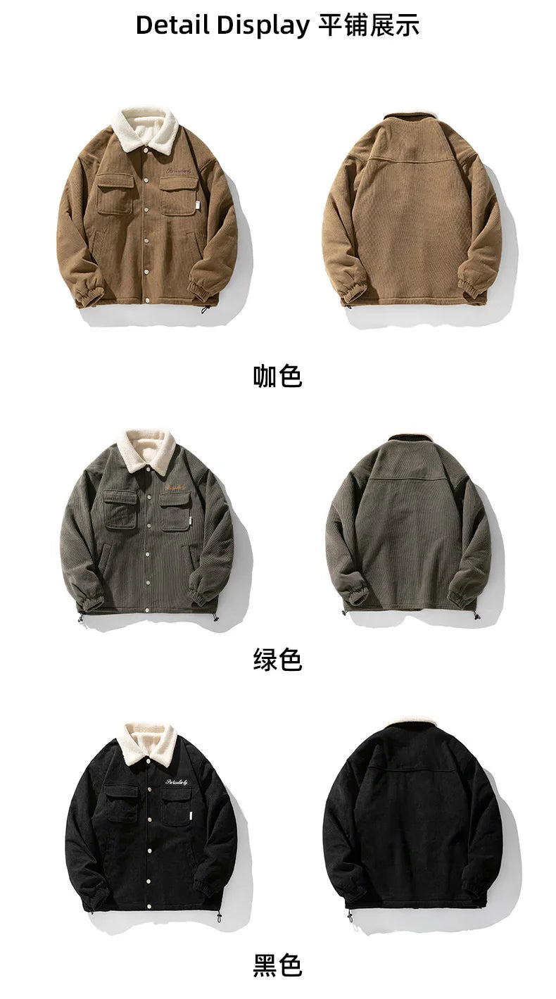 fashion men lamb fleece polo collar cotton padded coat winter embroidery loose thicken warm corduroy wadded jacket male outwear unique default style 6053
