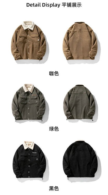 fashion men lamb fleece polo collar cotton padded coat winter embroidery loose thicken warm corduroy wadded jacket male outwear unique default style 6053