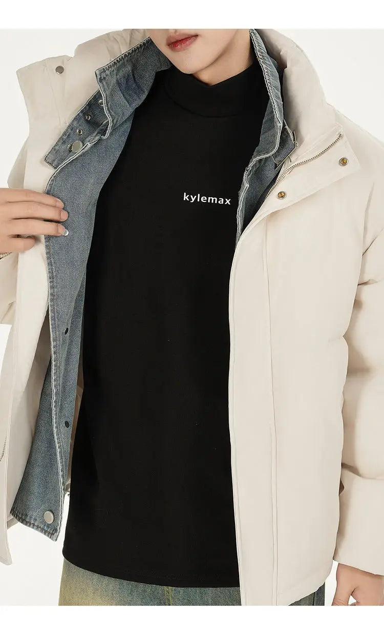 Winter Splice Denim Cotton-padded Jacket Men Women Stand Collar Fashion Loose Casual Thicken Warm Parkas Jacket Boyfriend Coat Street King Limited