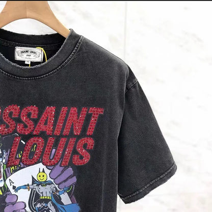 2024ss Saint Louis T-shirts Men Woman Good Quality Cotton Loose Wash White Nightmare Debris Printing Top Tees Street King Limited