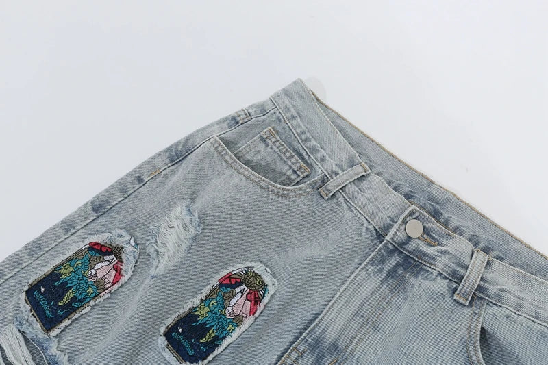 retro patch embroidered pleated jean for men street wear washed destroyed straight patchwork ripped jeans pants baggy hip hop unique jeans style 86