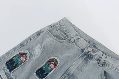 retro patch embroidered pleated jean for men street wear washed destroyed straight patchwork ripped jeans pants baggy hip hop unique jeans style 86