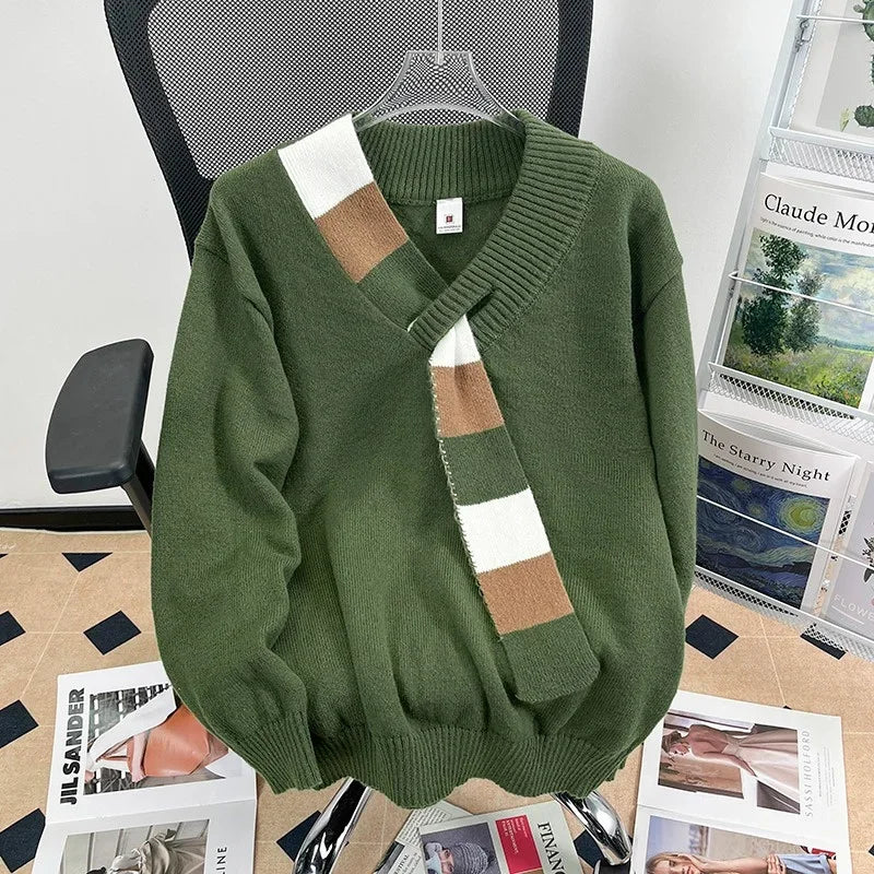 New Men's Scarf Collar Striped V-neck Sweater Female Long Sleeve Autumn Knitted Jumpers Korean Fashion Y2K Patchwork Knitwear Street King Limited