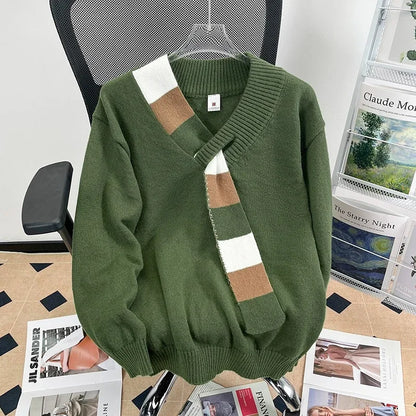 New Men's Scarf Collar Striped V-neck Sweater Female Long Sleeve Autumn Knitted Jumpers Korean Fashion Y2K Patchwork Knitwear Street King Limited
