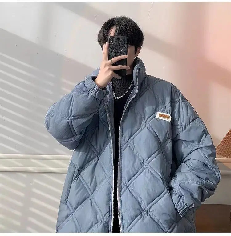 Winter personalized diamond grid cotton coat for men loose stand up collar trend for couples American loose retro casual top y2k Street King Limited