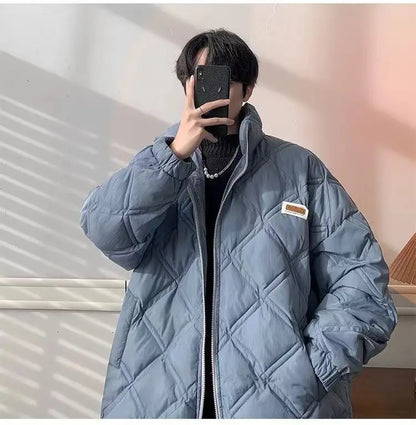 Winter personalized diamond grid cotton coat for men loose stand up collar trend for couples American loose retro casual top y2k Street King Limited
