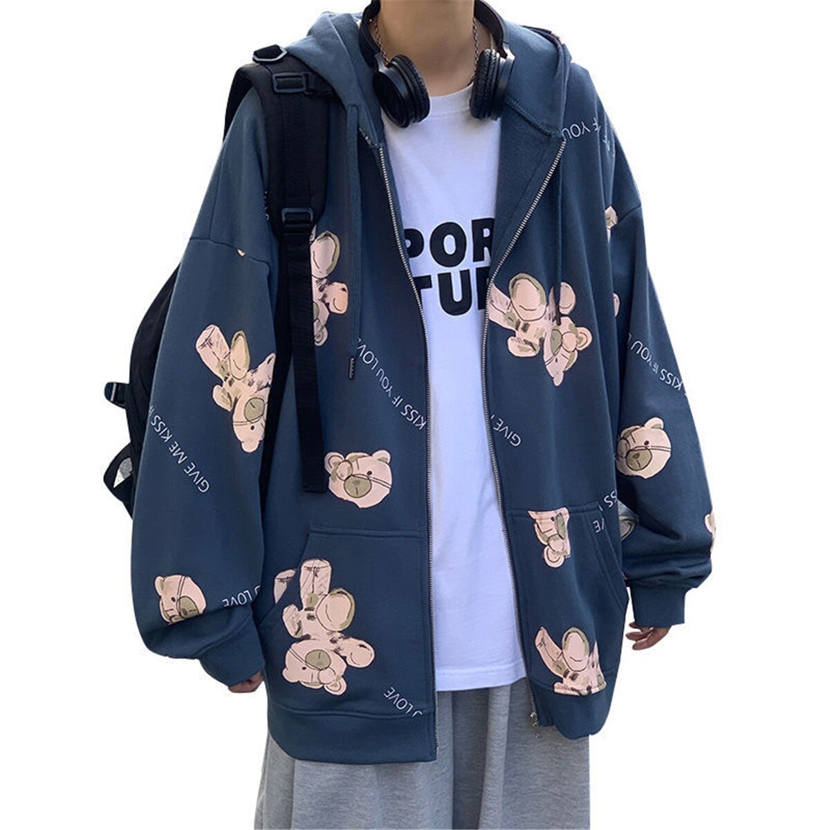 Blue Zip Up Jacket Boys Autumn Bear Print Hoodie Casual Long Sleeve Loose Harajuku High Street Tops Streetwear Men Punk Clothes Daulet Apparel