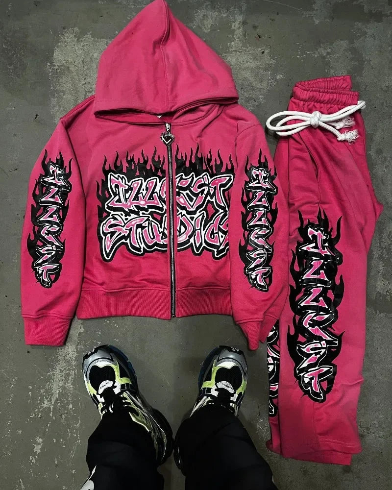 y2k street hip-hop goth trend oversized hoodie suit men's fashion Harajuku style casual loose versatile zipper sweatshirt top Street King Limited