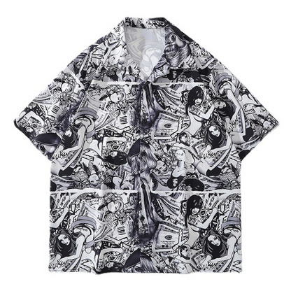 Anime Graphics Print Shirt New Casual Short Sleeve Harajuku Hawaiian Shirt Hip Hop Streetwear Loose Top Shirts for Mens Clothing Street King Limited