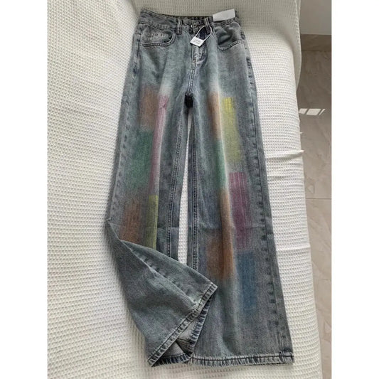 american retro personalized trend color gradient jeans for men and women new washed straight leg micro flared casual pants y2k urban skinny jeans