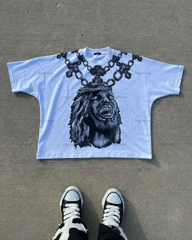 2024 Y2k Harajuku Retro Oversized Short Sleeve Men Letter Cartoon Print T-Shirt High Street Trendy Versatile Clothing Women Street King Limited