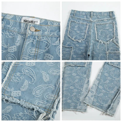 vintage high street washed light blue flared jeans cashew flower jacquard pattern rough edge jeans pants for men and women unique jeans style 906