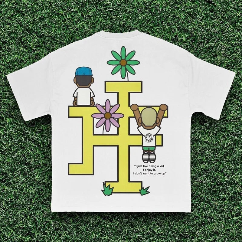 American Street Fashion Retro Cartoon Alphabet Print Short Sleeve Men T-shirt Y2k Goth Harajuku Fashion Casual Loose Shirt Street King Limited