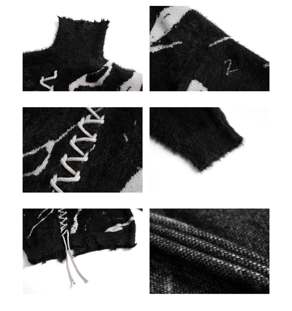 Distressed Splicing Turtleneck Sweaters Men Women Pullover Knit Sweater Jumper Fall Winter Hip Hop Streetwear Black Sweater Y2K Street King Limited